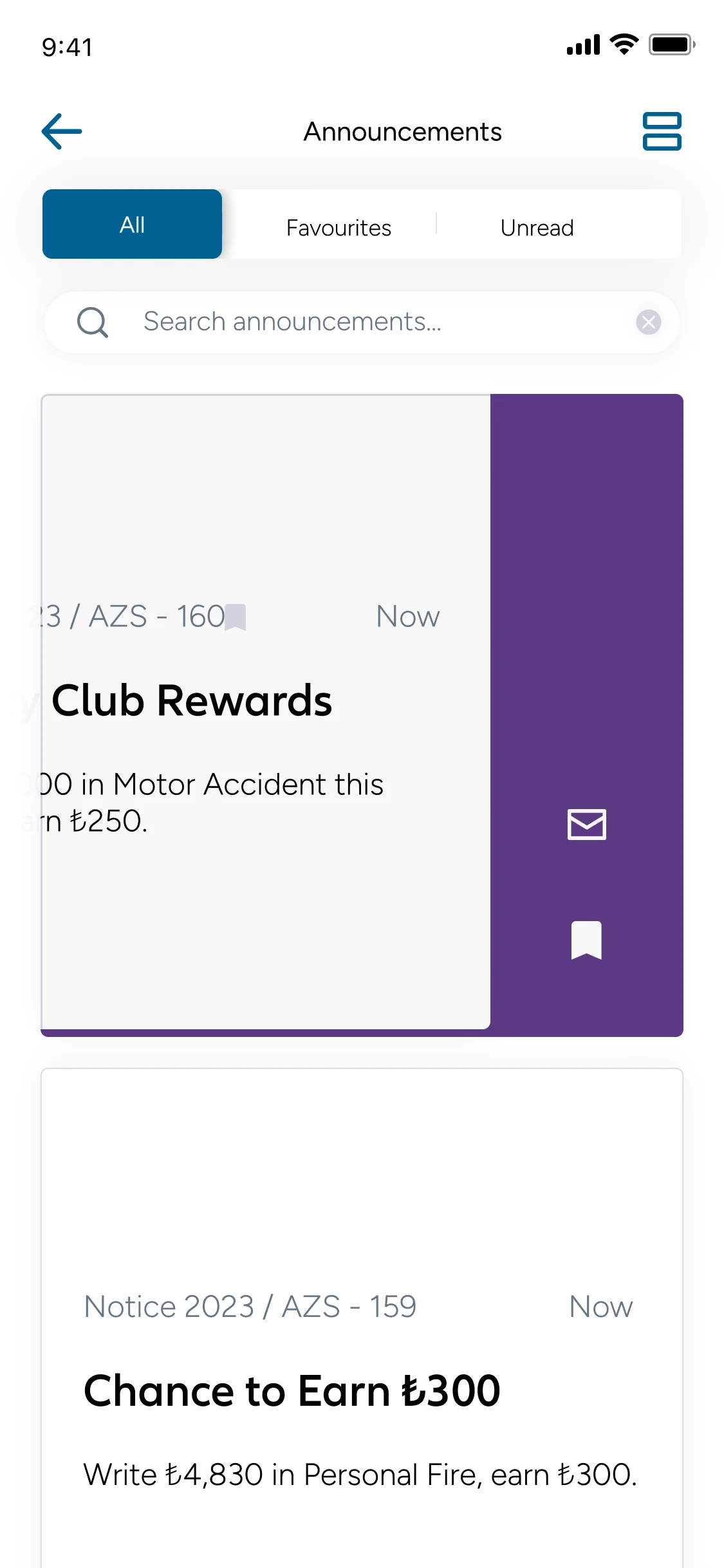 Swiping an announcement to mark it read or save it
