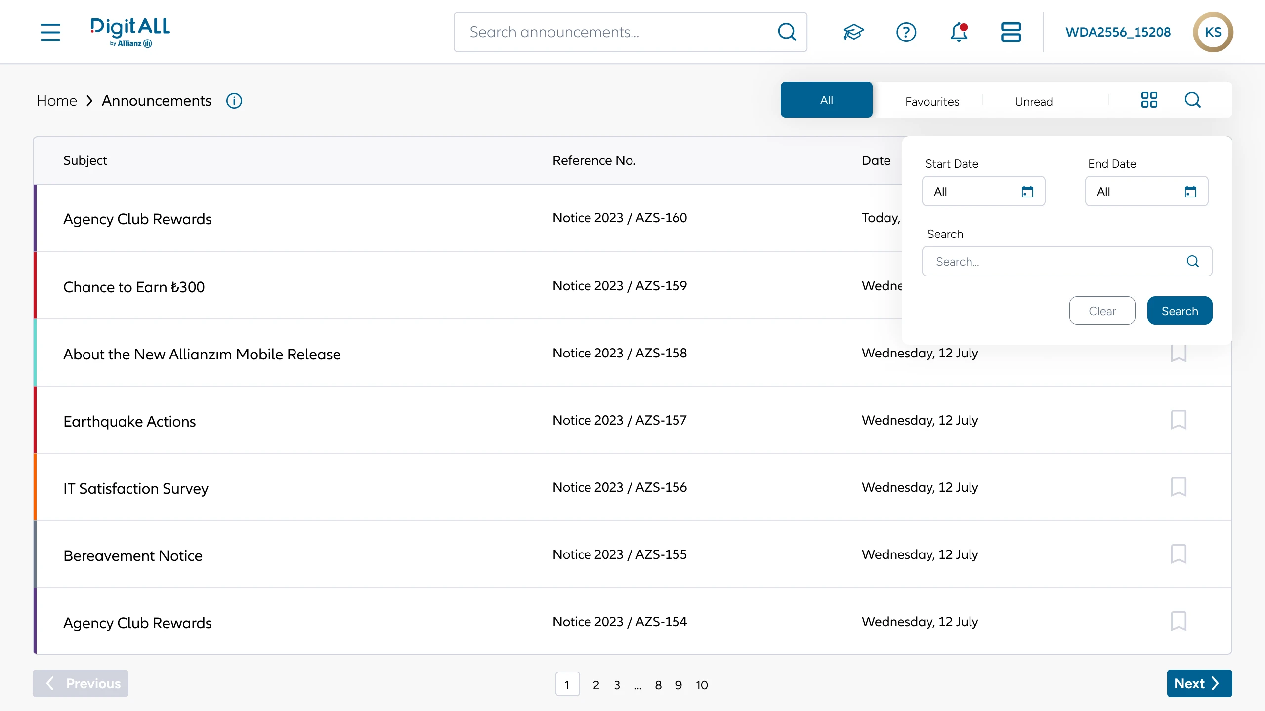 DigitAll announcements table with filters