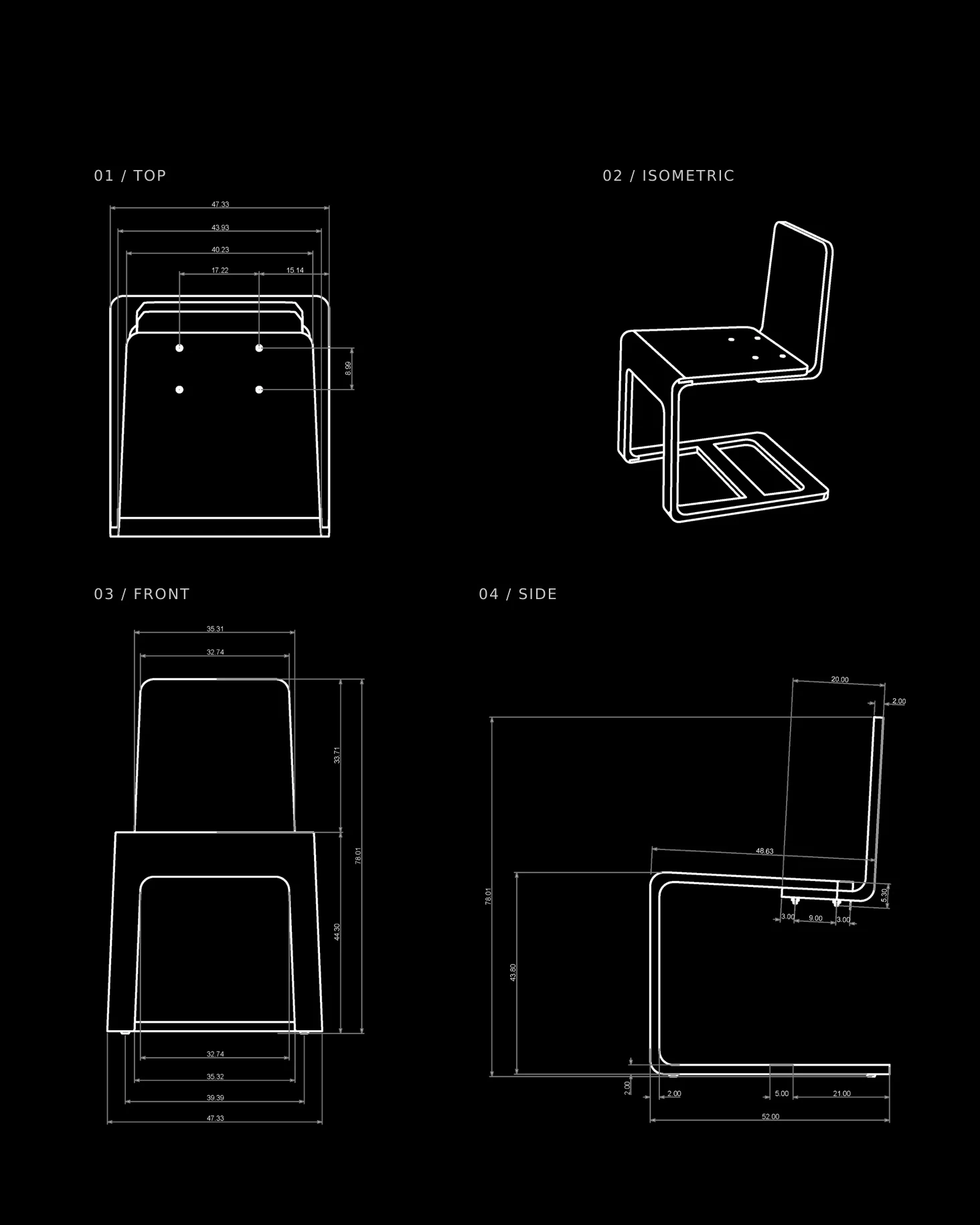 Technical drawings of the Arc chair: top, isometric, front and side