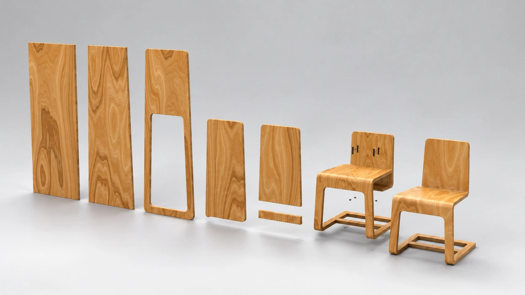 Laminated wood layers and two finished Arc chairs