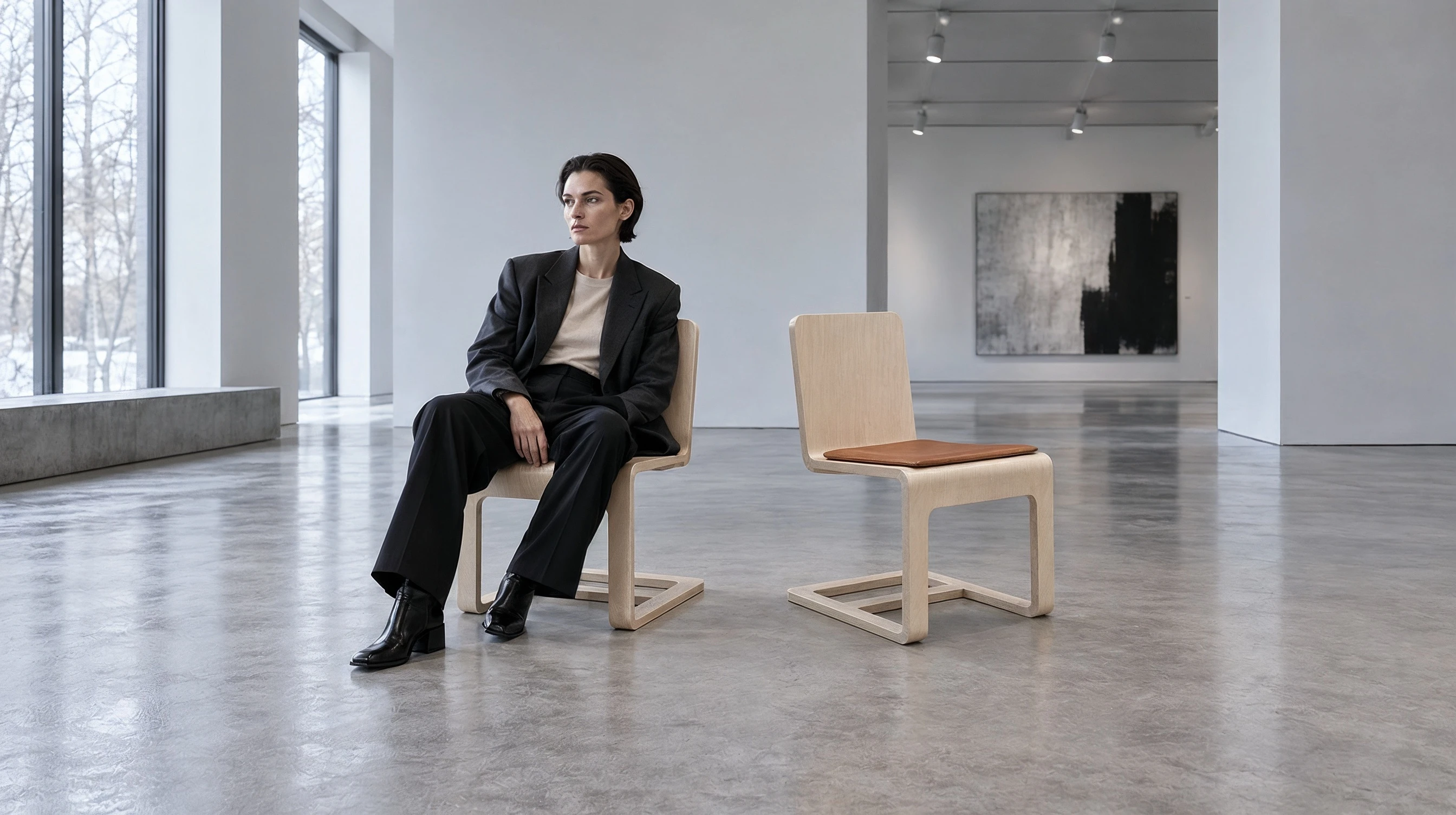 A person seated on the Arc chair in a gallery