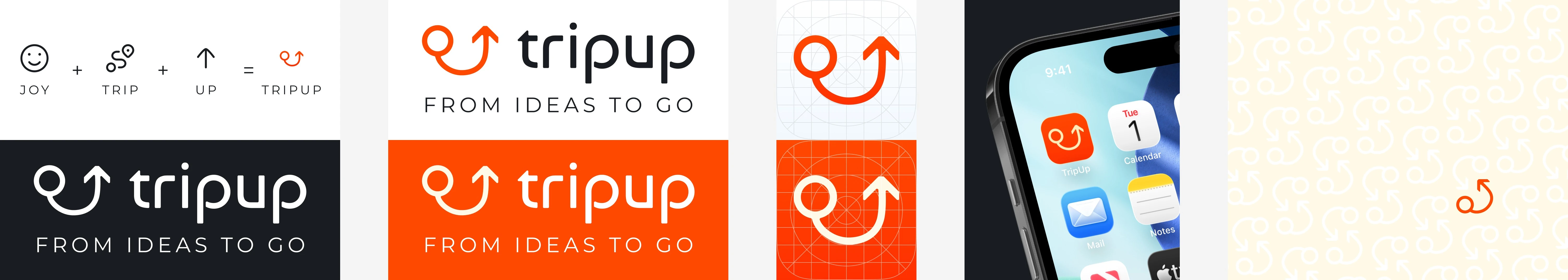 TripUp brand: logo concept, logo versions, app icon and pattern