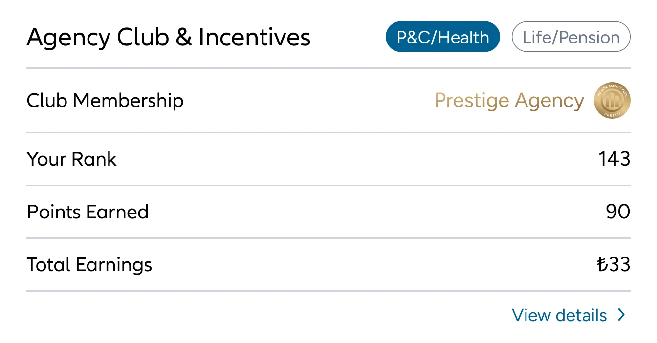 Agency Club card, P&C/Health tab