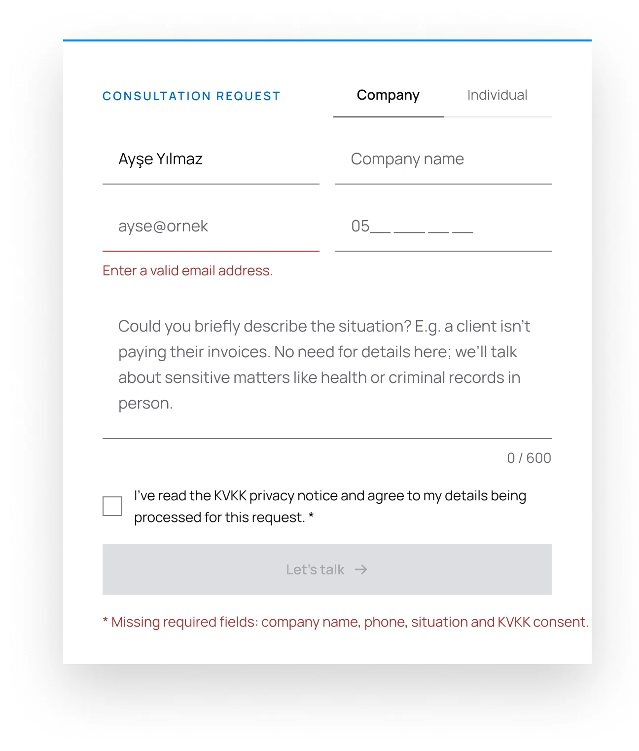Consultation form with errors explained in words