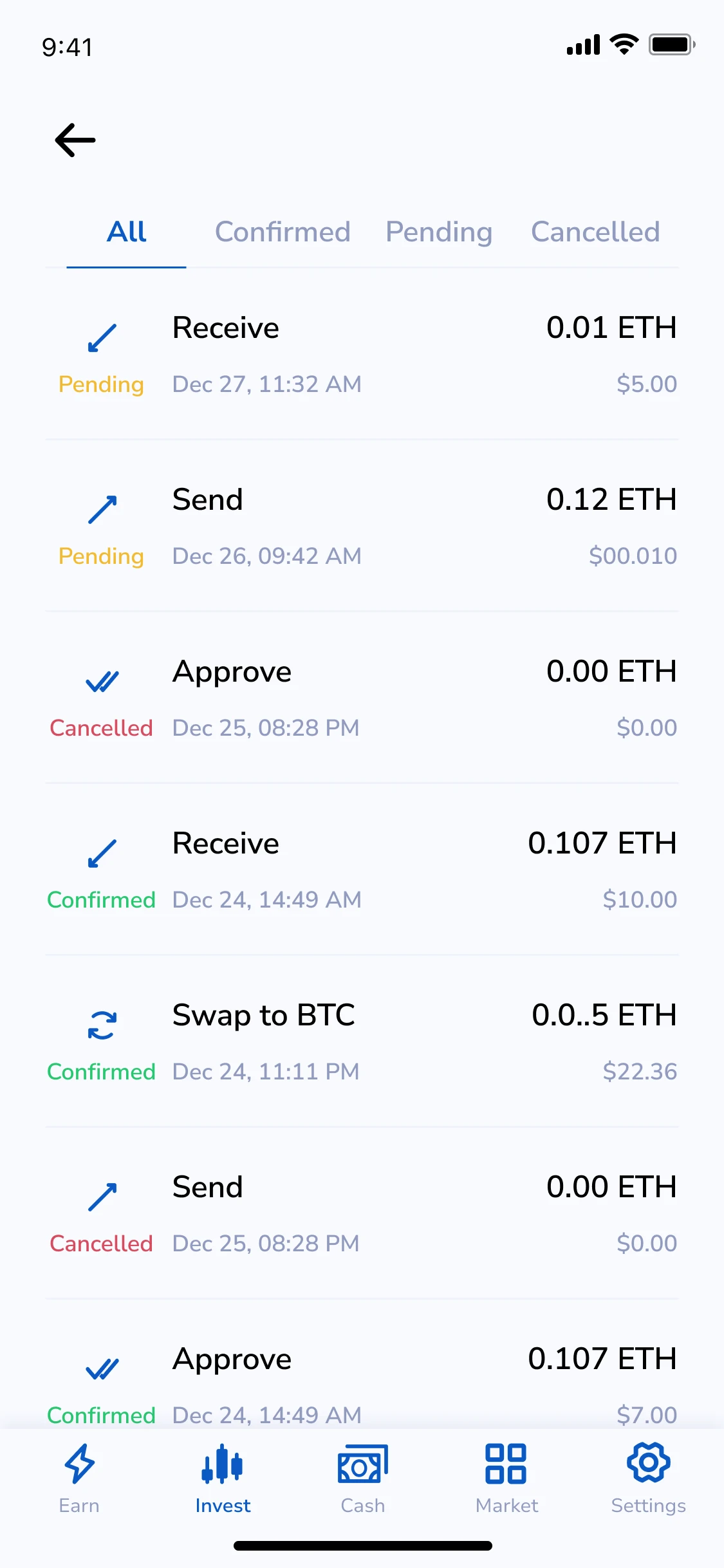 Transaction history: History