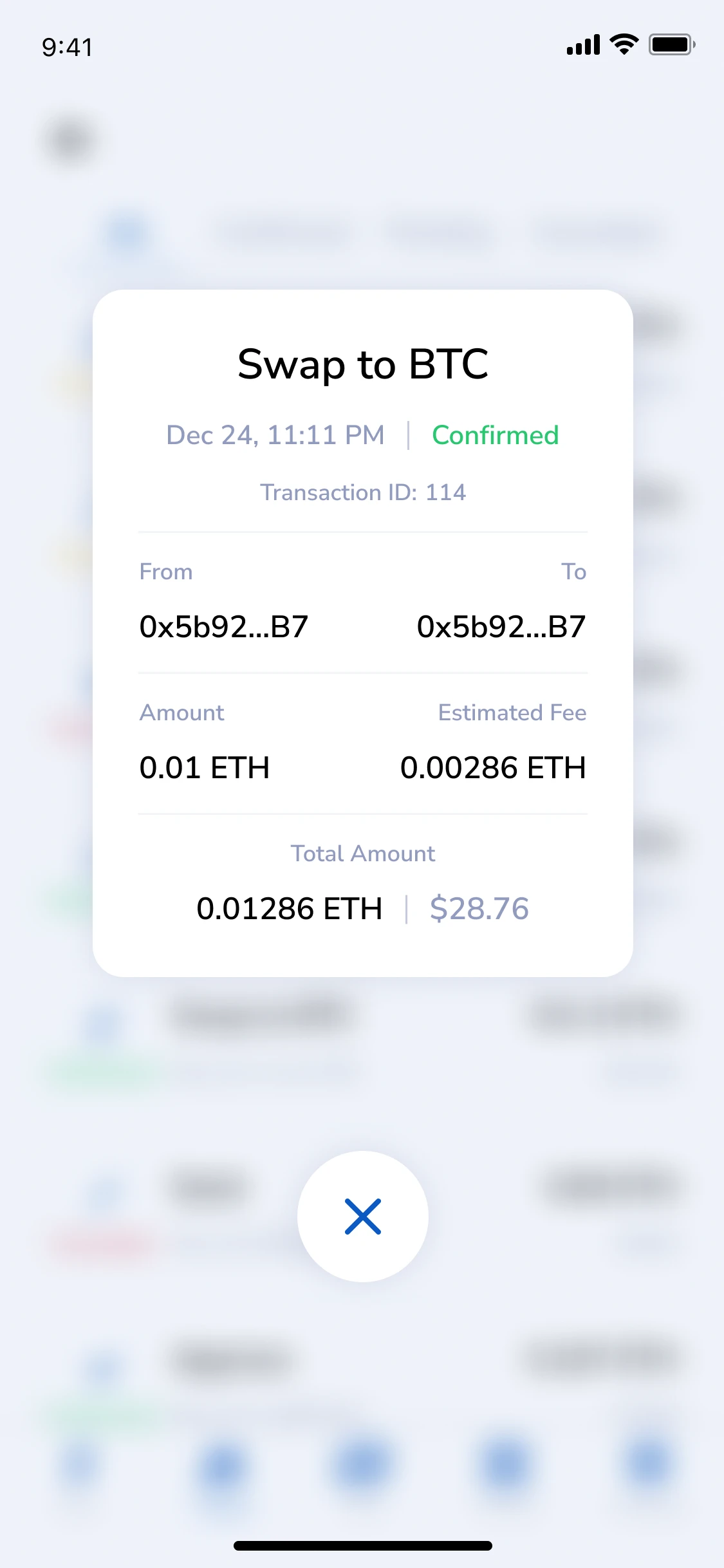 Transaction history: Swap to BTC