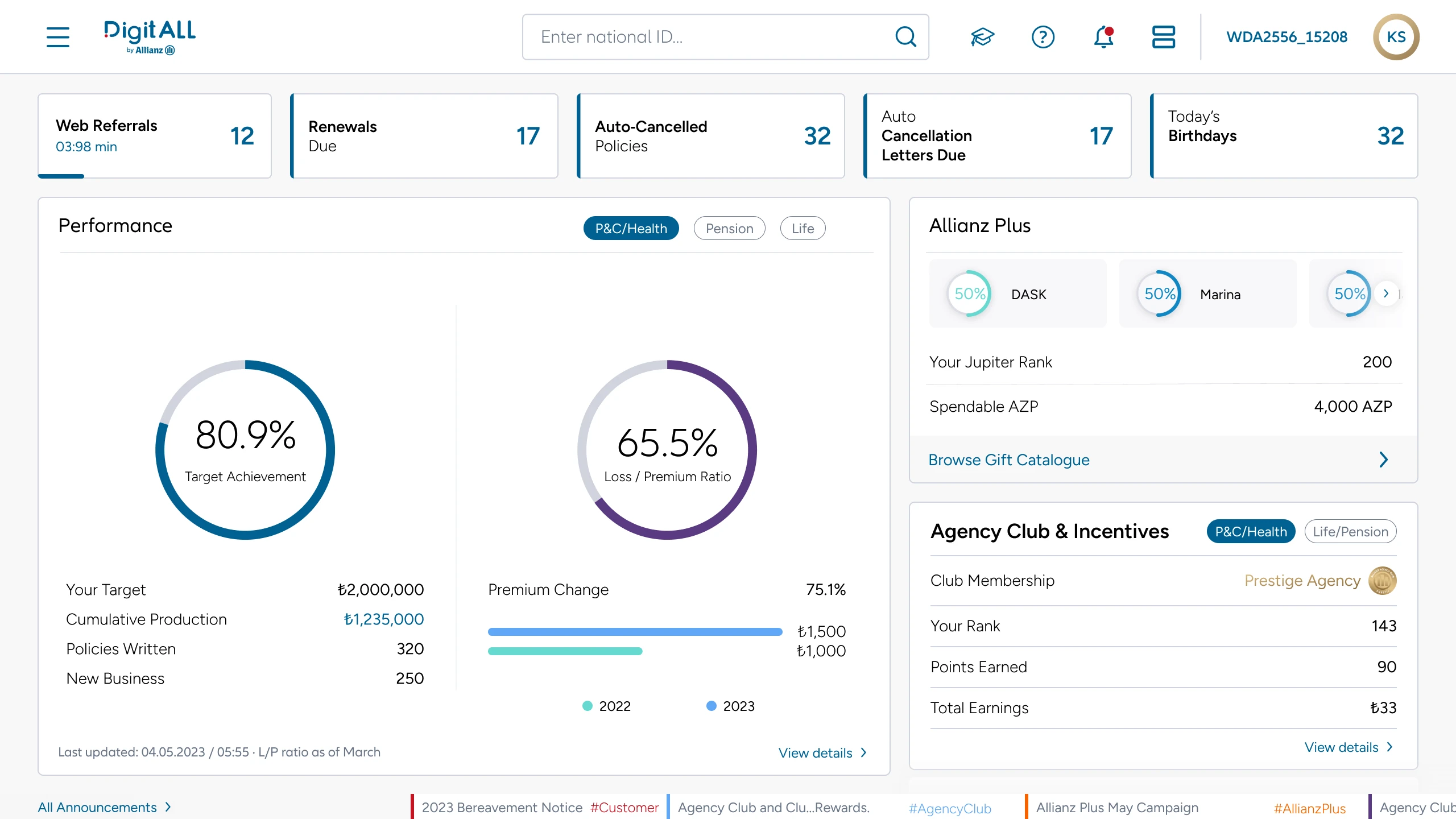 DigitAll web home: priorities, performance, Allianz Plus and Agency Club