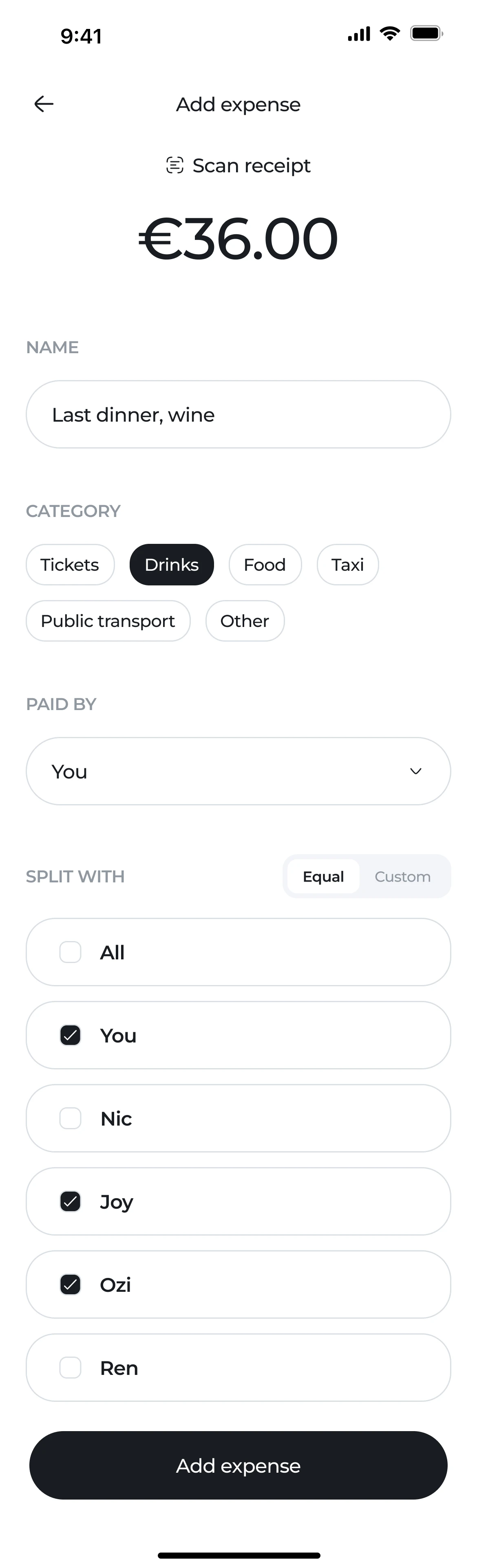 Expenses & settling up: Add expense