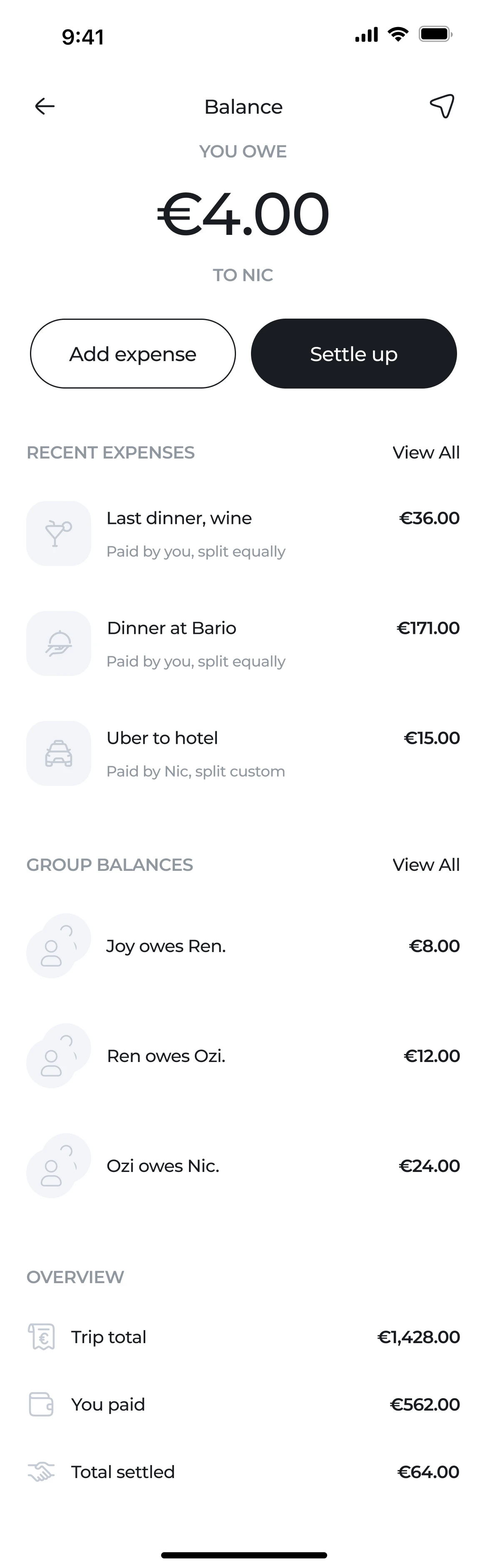 Expenses & settling up: Balance