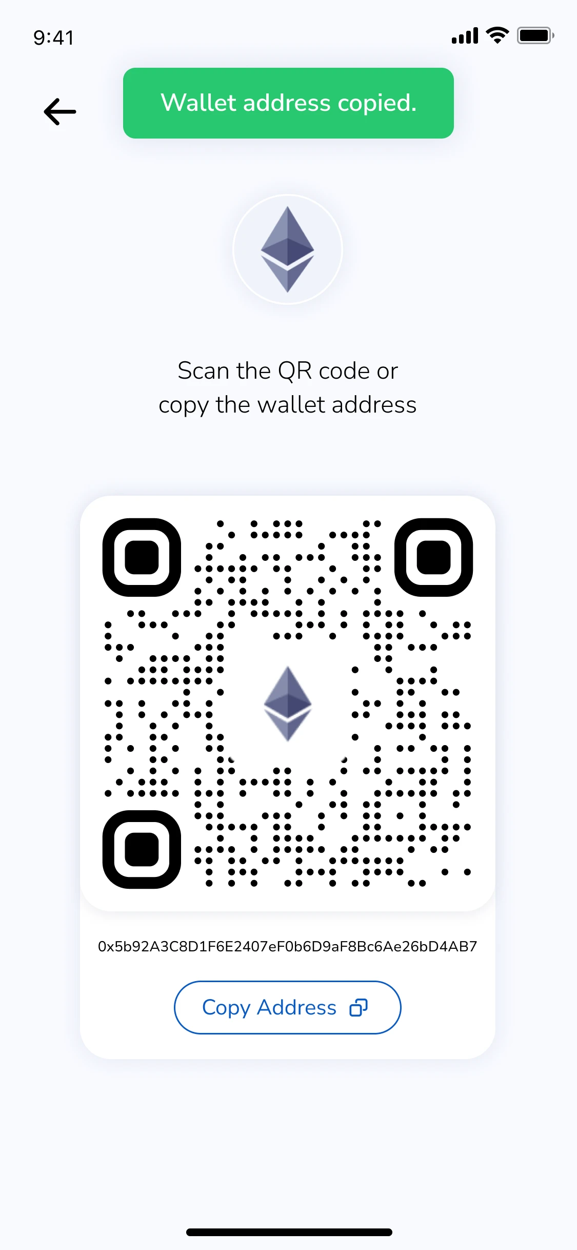 Receive & QR: Address copied