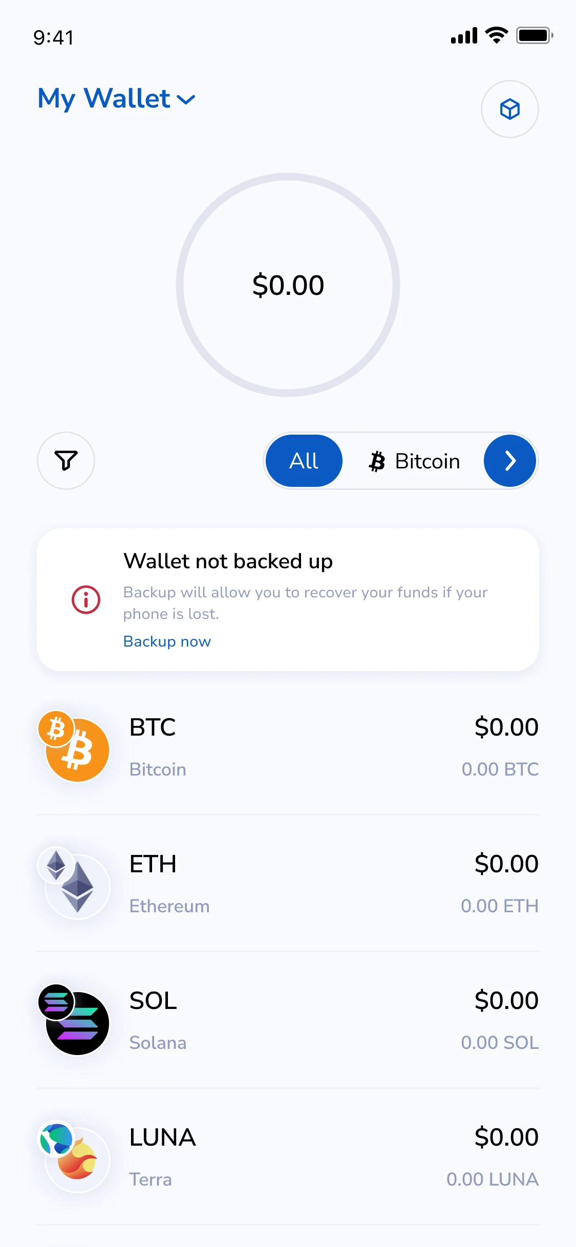 Getting started: New wallet · not backed up