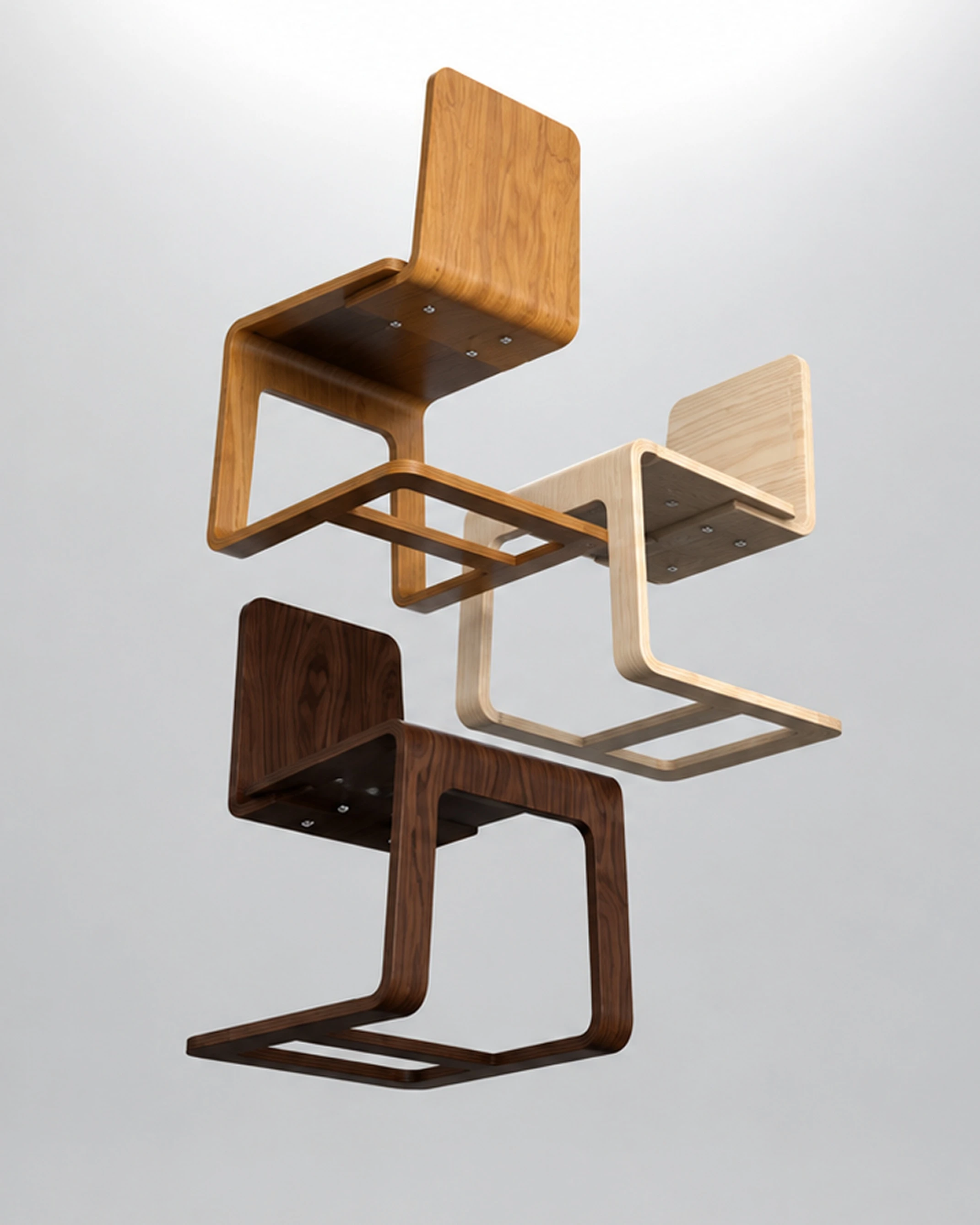 Arc cantilever chair in three wood finishes