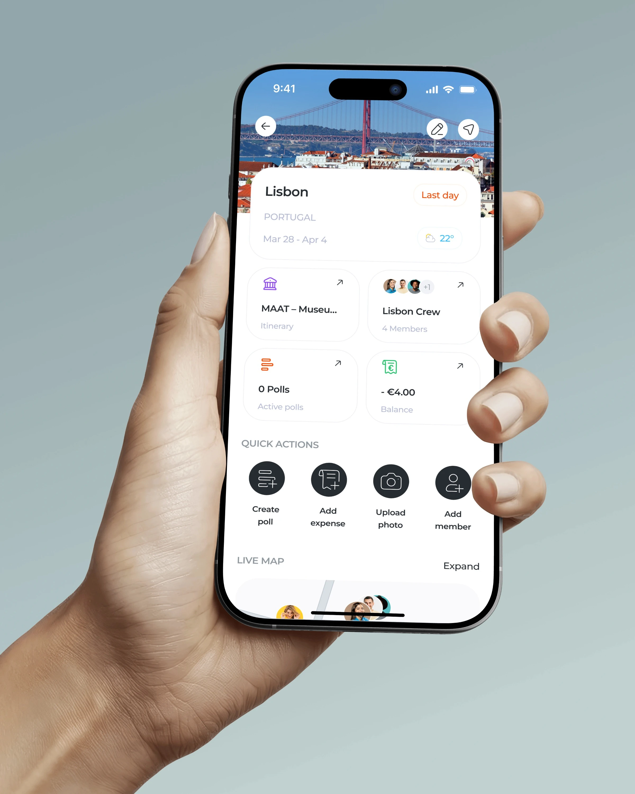 TripUp group travel app on a phone